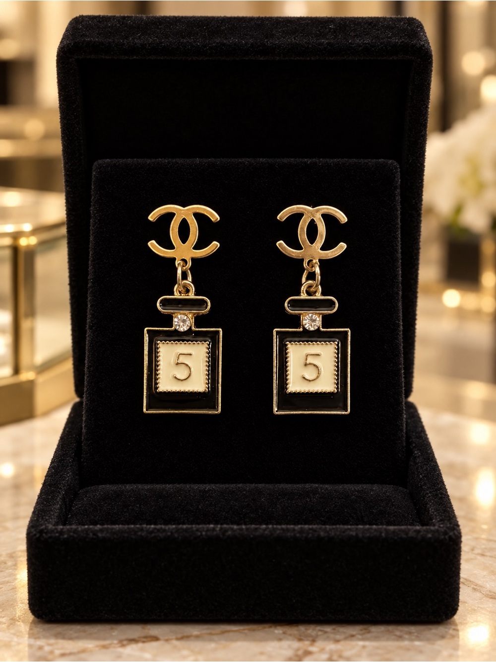 Gold Tone CC Logo Black Enamel No. 5 Perfume Bottle Dangle Earrings